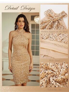 Grace Karin NWT Sleeveless Sequin Halter Bodycon Dress in Champagne